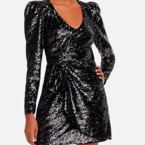 Parker Black Sequin Puff-Sleeve Zip-Up Dress lSize 0